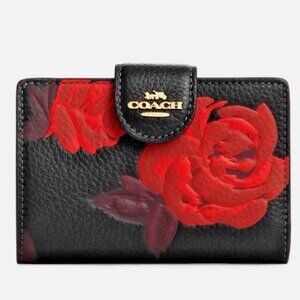 New Coach CCL63 Medium Corner Zip Wallet with Floral Print Black / Red